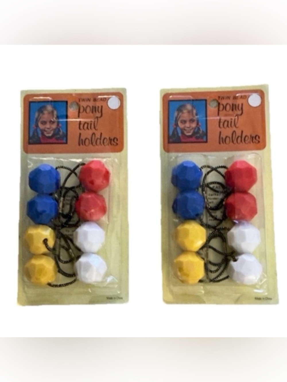 Vintage Twin Bead hair tie ponytail holders, Red White Blue & Yellow 2 pkgs